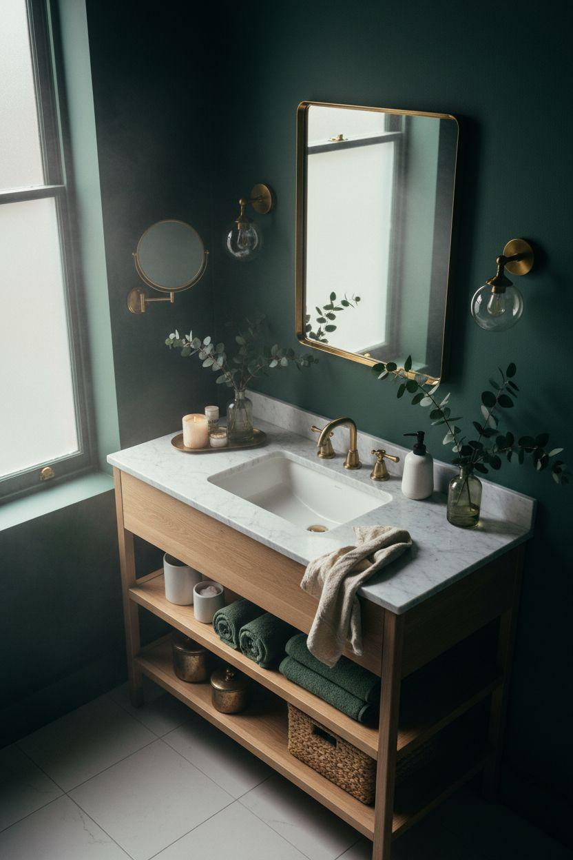 dark green bathroom vanity overhead shot with brass mirror and oak shelves