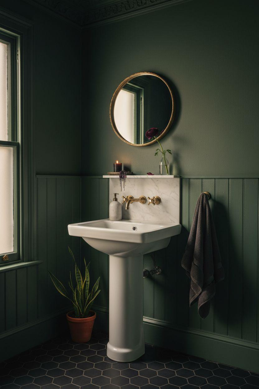 dark green bathroom with burgundy ranunculus and brass fixtures