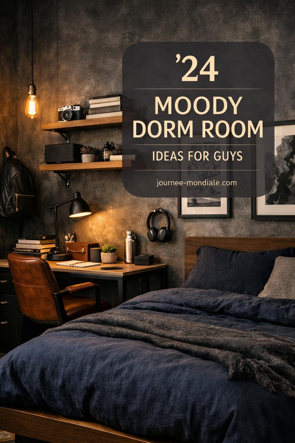 Masculine dorm room featuring modern industrial design with charcoal plaster walls, full-size platform bed in navy linen, black metal desk on white oak, ergonomic leather chair, floating oak shelves with textbooks, vintage camera, framed prints, wireless speaker, headphones, basketball, minimal lamp, leather organizer, steel water bottle, backpack, succulent in concrete planter, and abstract art. Warm Edison lighting casts dramatic shadows for focused productivity. Central overlay reads '24 MOODY DORM ROOM IDEAS FOR GUYS' with journee-mondiale.com.