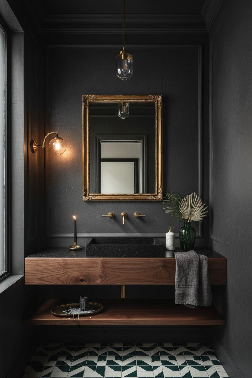 Moody Powder Room - hand-troweled charcoal plaster with vintage mirror