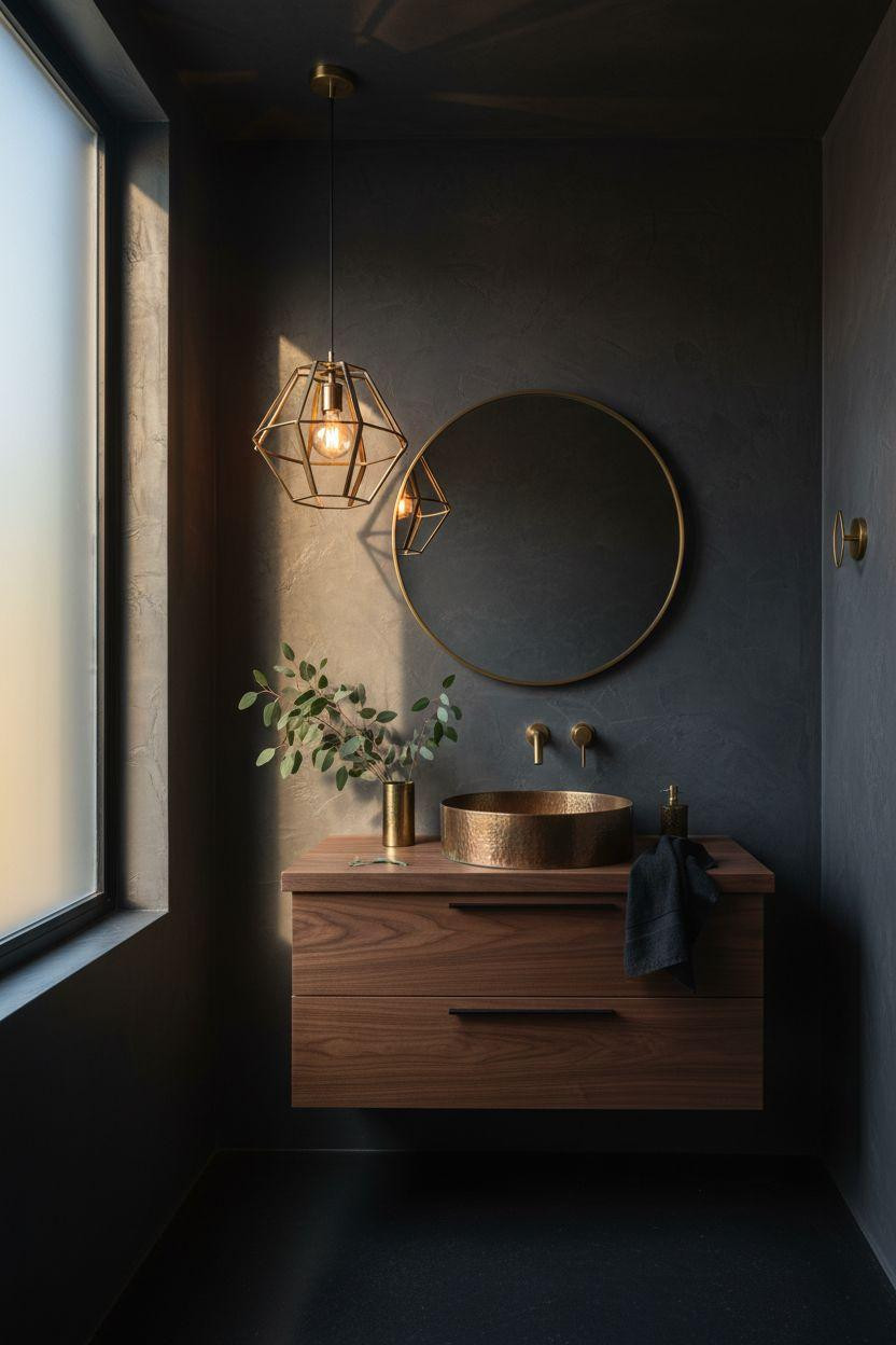 Moody Powder Room - dramatic pendant light creating shadow patterns