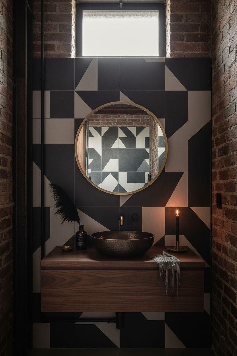 Moody Powder Room - bold encaustic tiles with charcoal and cream pattern