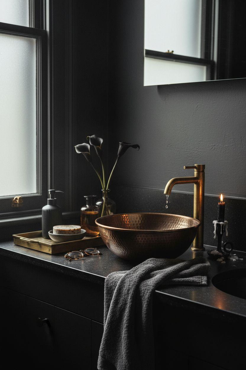 Moody Powder Room - hammered bronze sink with curated counter styling