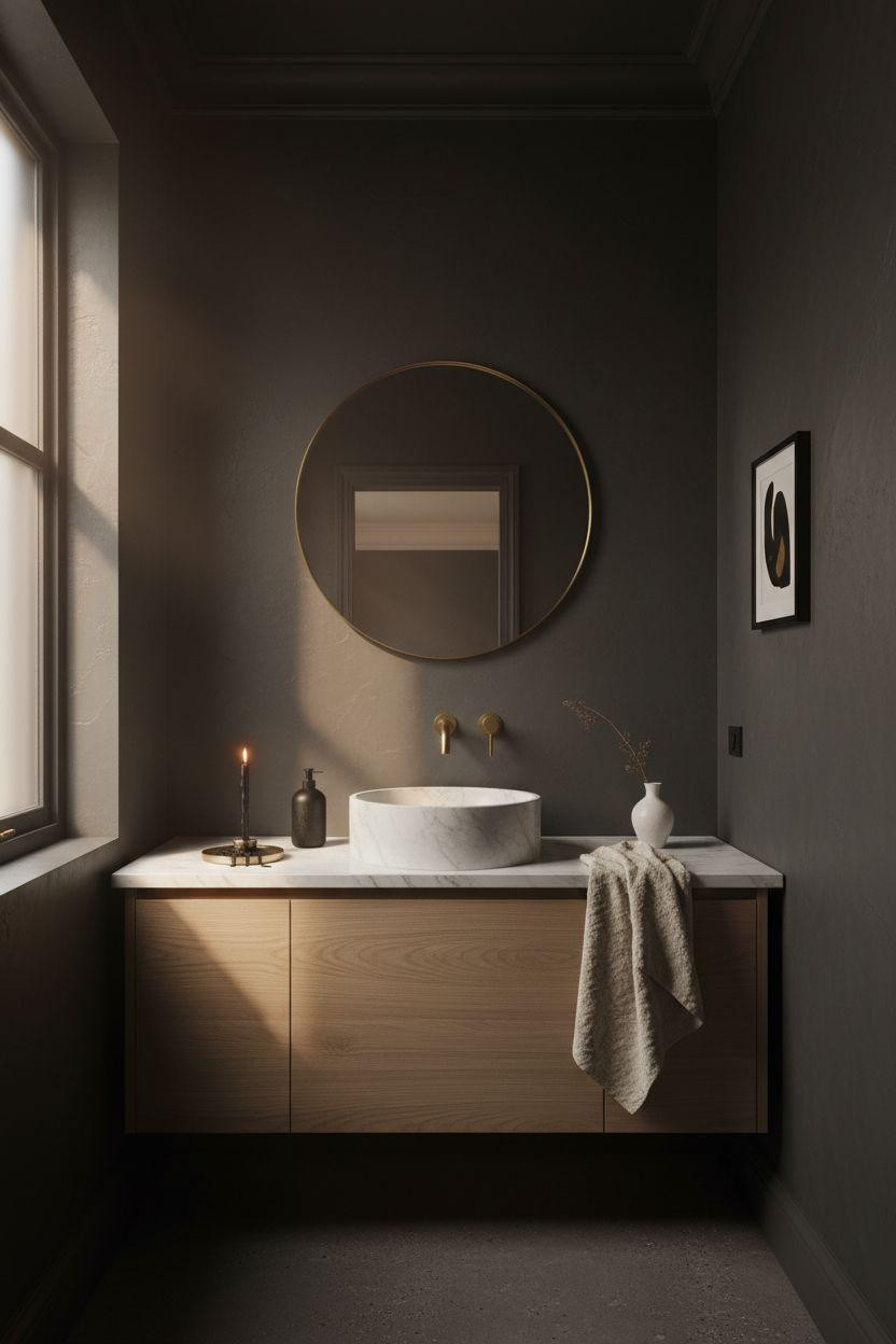 Moody Powder Room - white marble sink contrasting charcoal walls