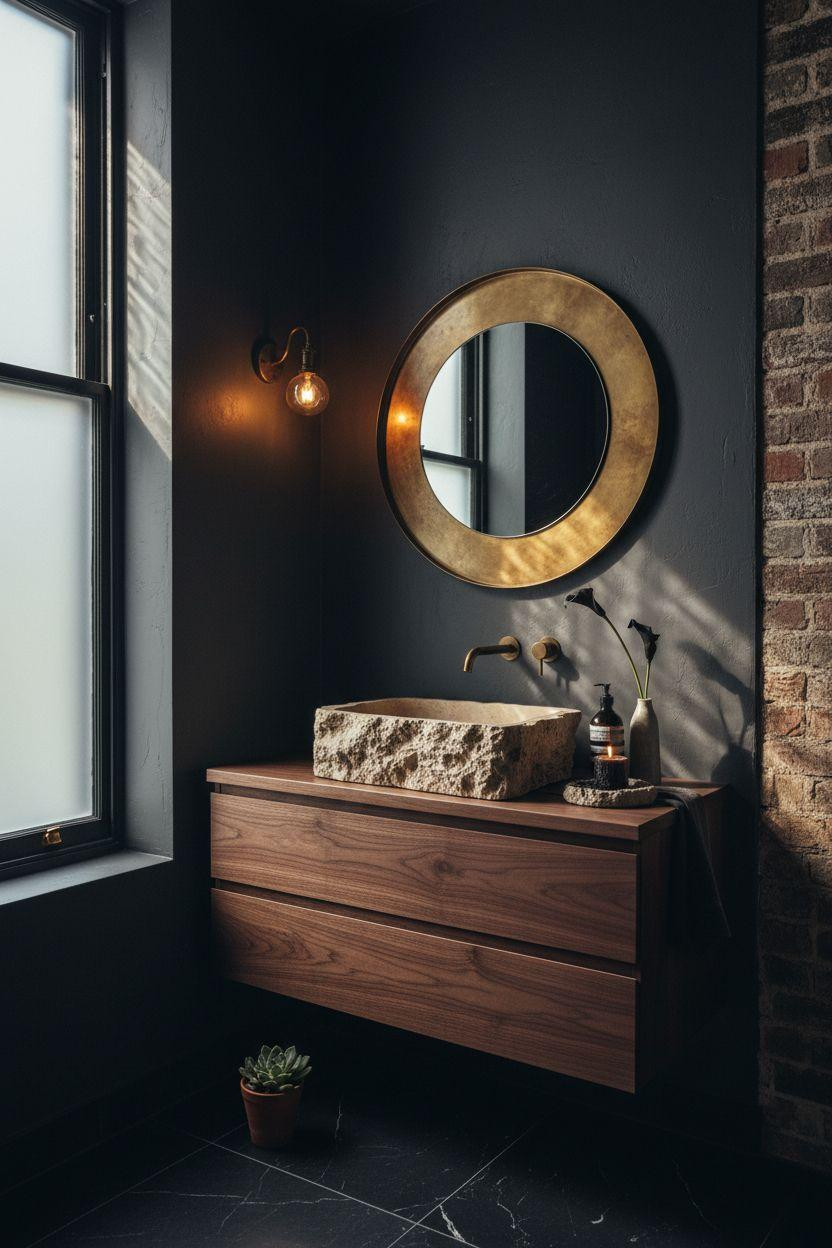 Moody Powder Room - massive hand-carved travertine sink on walnut vanity