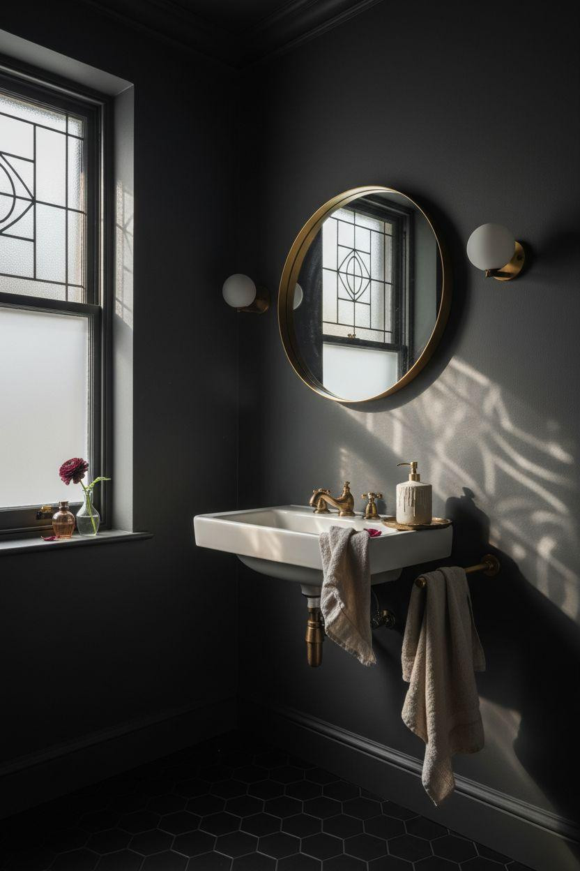 Moody Powder Room - frosted geometric window creating dancing shadows
