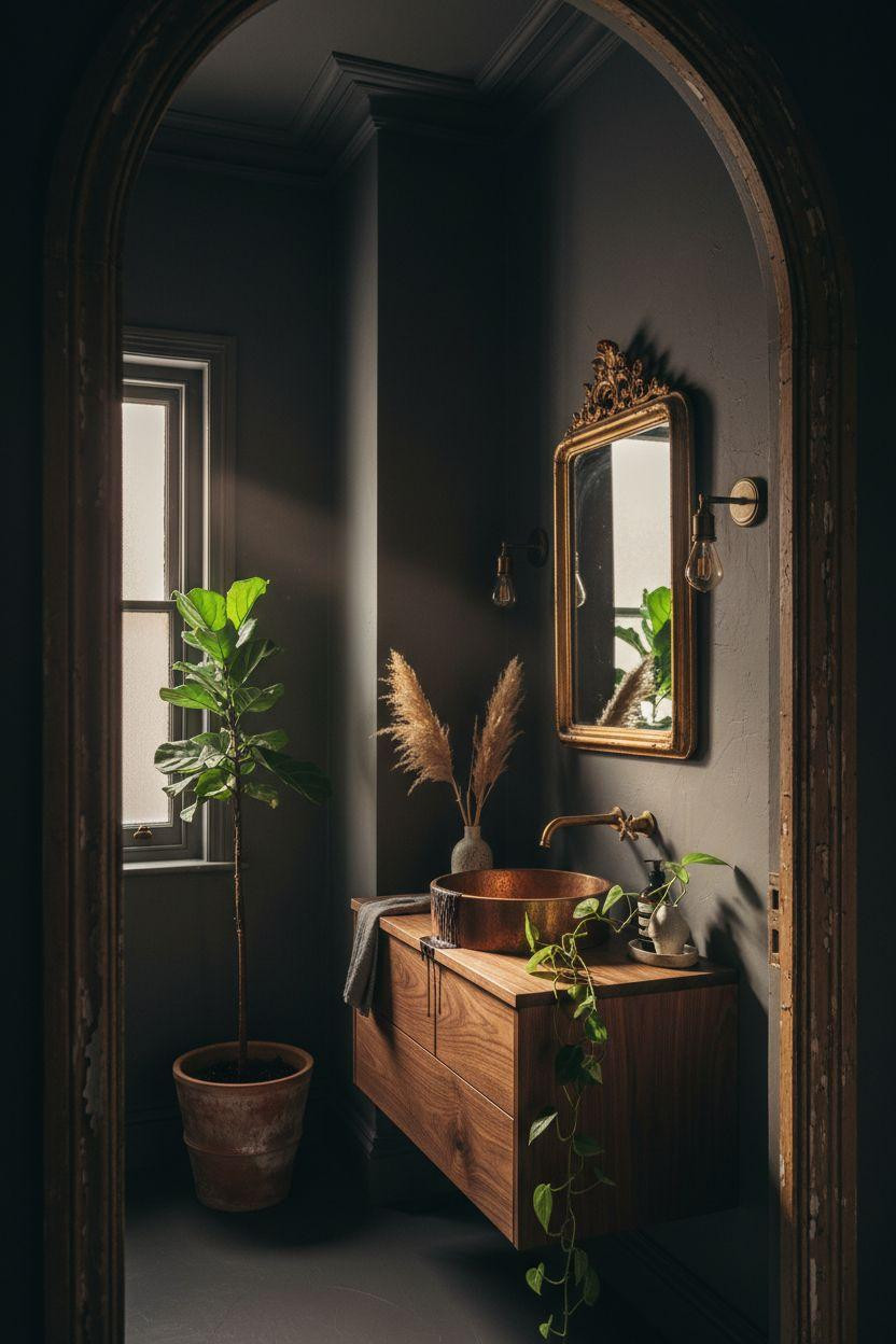 Moody Powder Room - dark walls softened with cascading plants