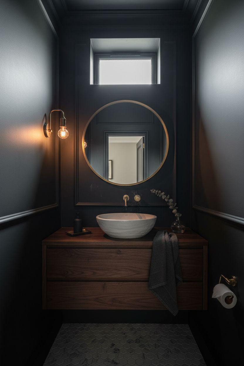 Moody Powder Room - architectural molding with dramatic charcoal walls