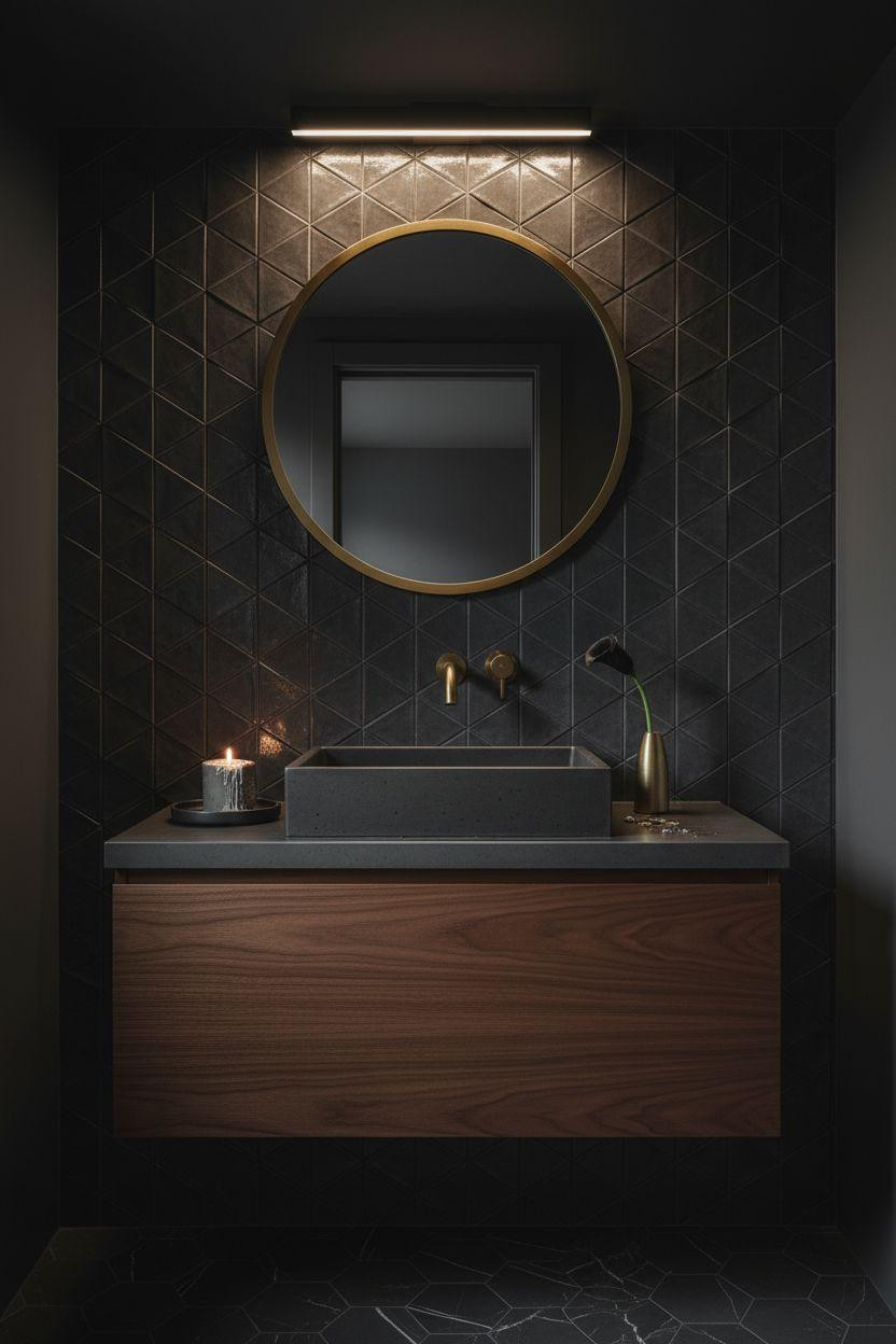 Moody Powder Room - three-dimensional geometric tile creating shadow depth