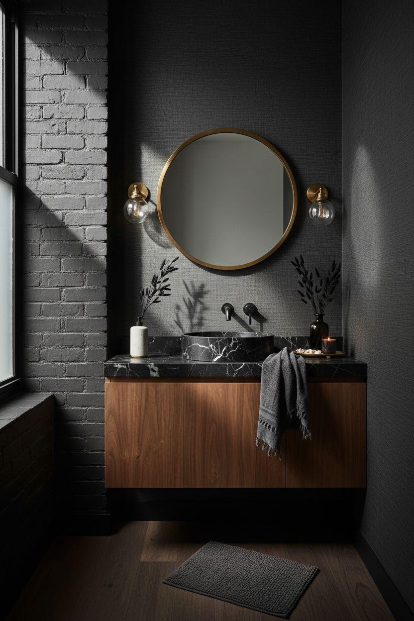 Moody Powder Room - exposed brick painted charcoal with black marble sink