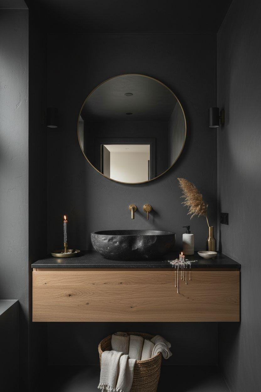 Moody Powder Room - sculptural stone sink with organic curves