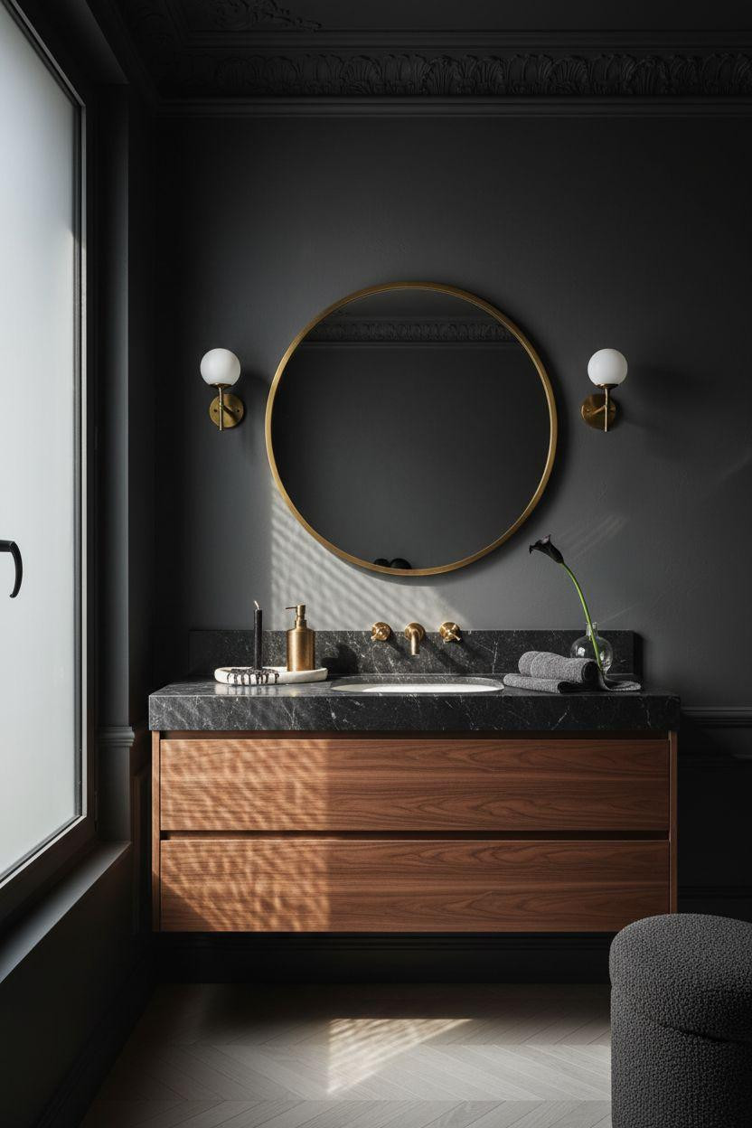 Moody Powder Room - classic wood pattern meeting moody stone surfaces