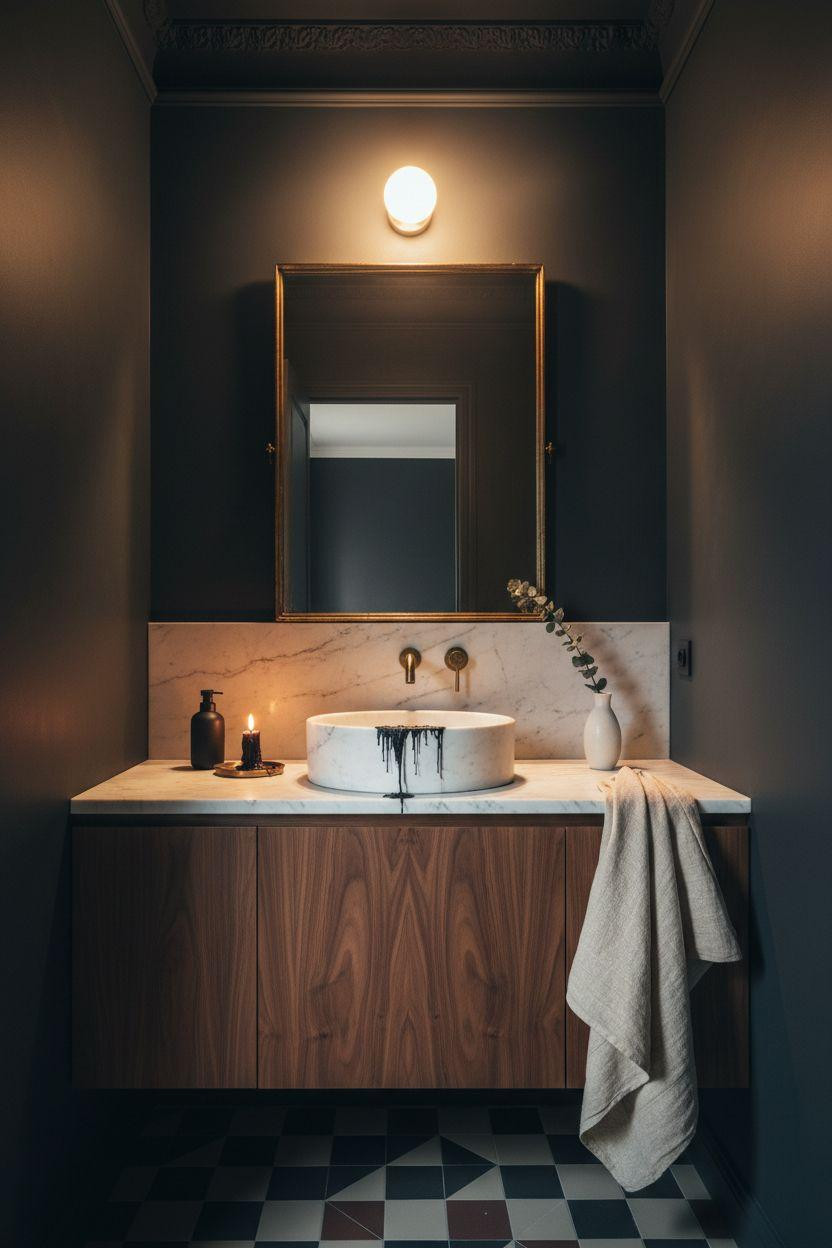 Moody Powder Room - vintage brass frame reflecting warm sconce glow