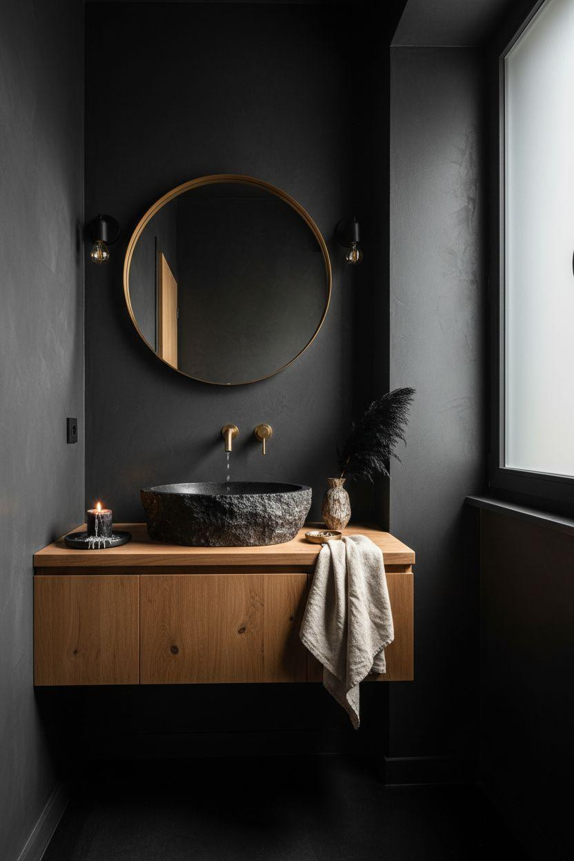Moody Powder Room - rough stone sink contrasting smooth wood console