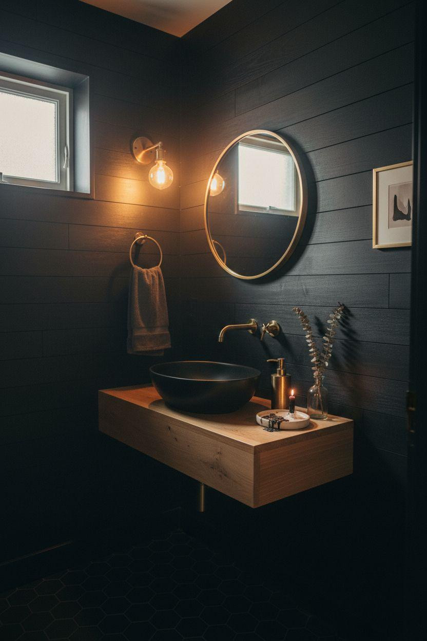 Moody Powder Room - textured wood planks painted matte black