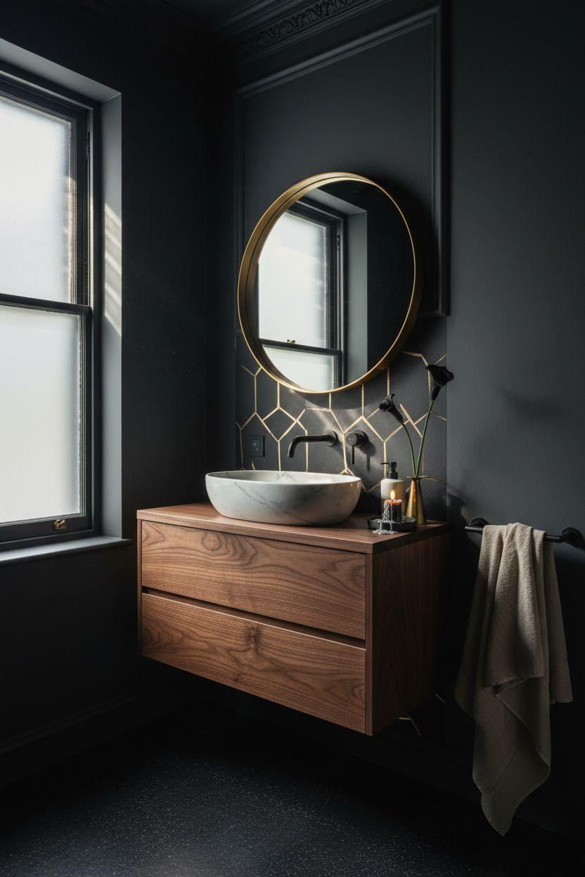 Moody Powder Room - oversized circular mirror reflecting moody atmosphere