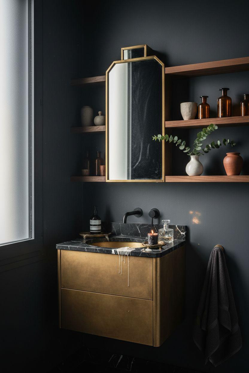 Moody Powder Room - warm brass floating shelves styled with artisan vessels
