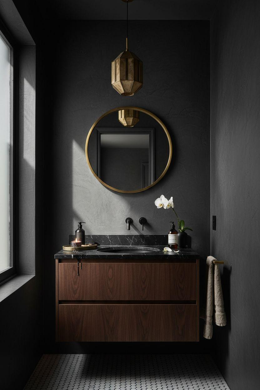 Moody Powder Room - vintage-inspired lighting with elegant brass details