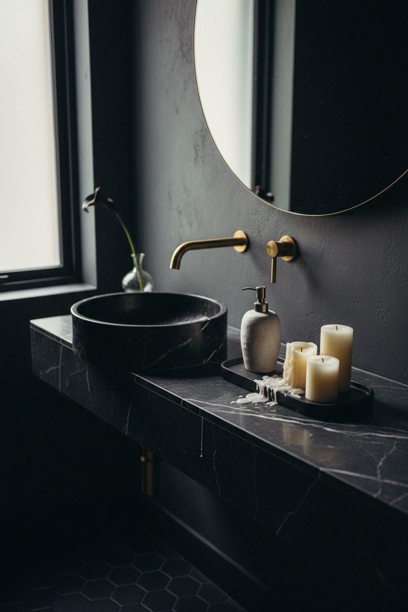 Moody Powder Room - intimate counter styling with editorial depth