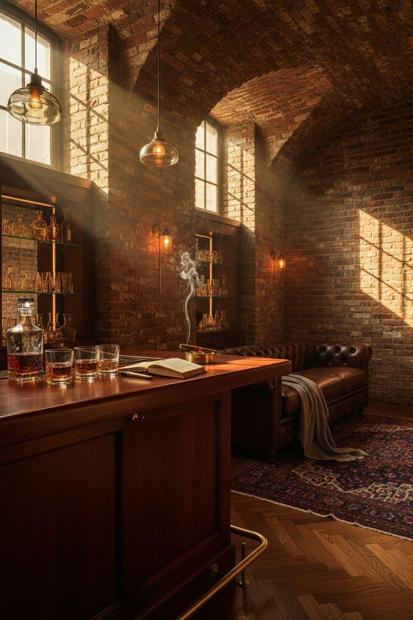 Basement speakeasy with clerestory windows and mahogany bar