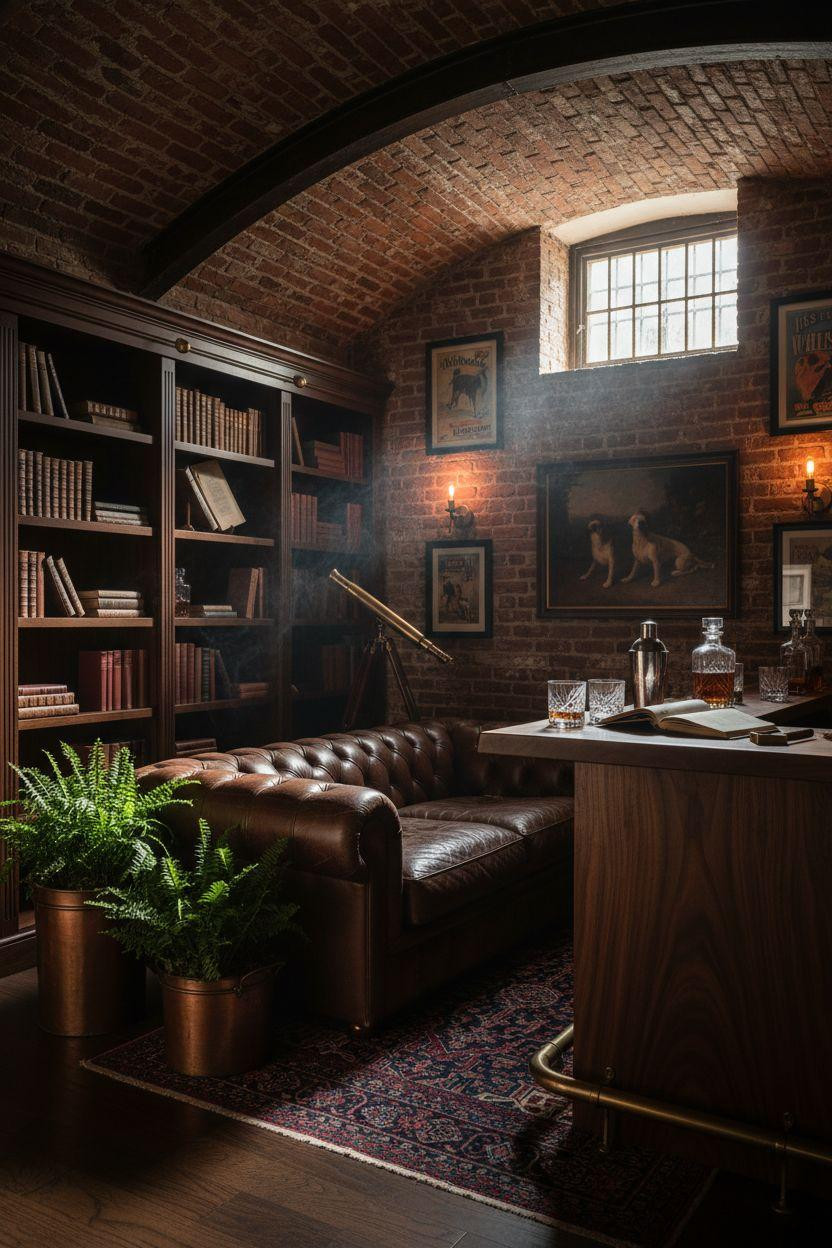Gentleman's speakeasy with floor-to-ceiling walnut shelving