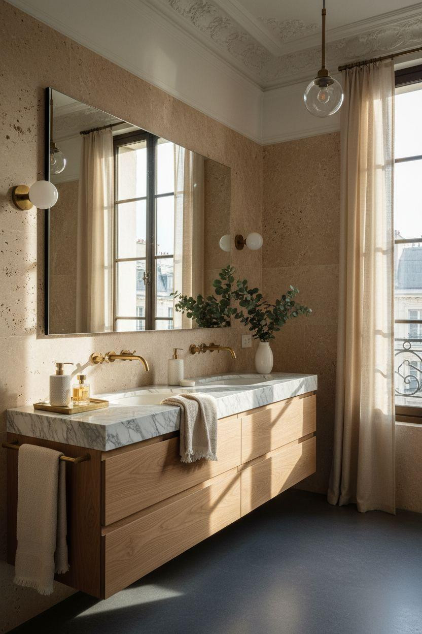 hotel bathroom with Calacatta Gold marble and travertine wall