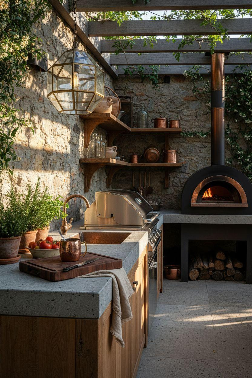 Outdoor Kitchen Ideas - sophisticated Tuscan design with brass fixtures