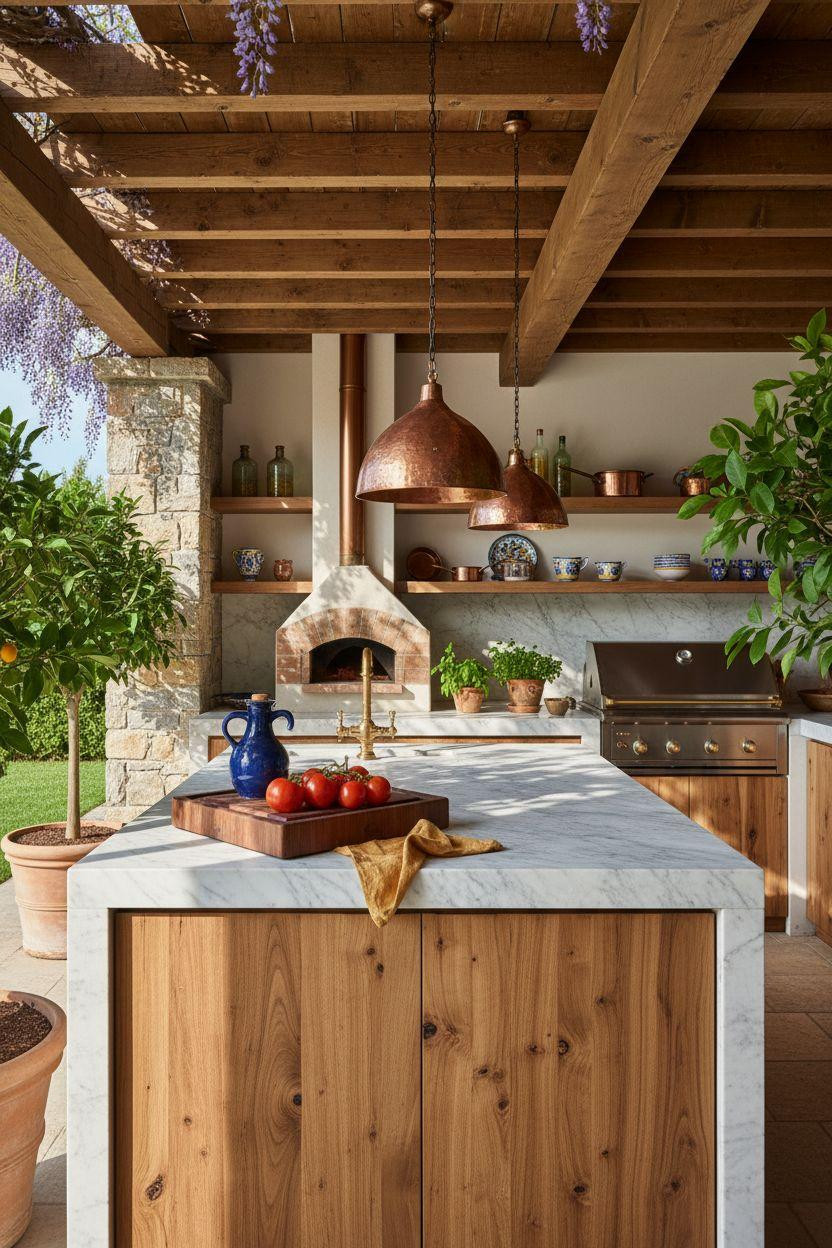 Outdoor Kitchen Ideas - covered Tuscan design with colorful details