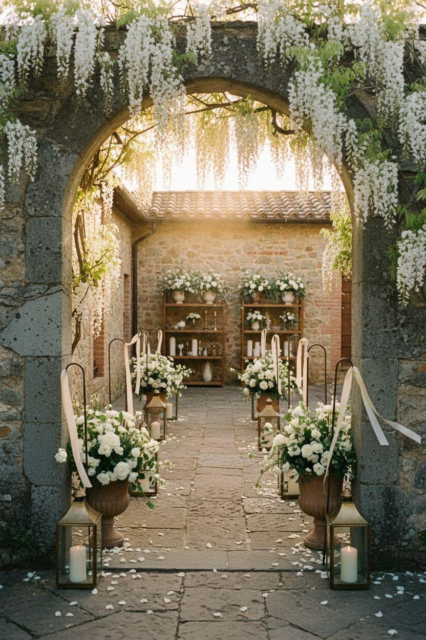 Wedding Walkway - wisteria-draped archway leading to courtyard ceremony