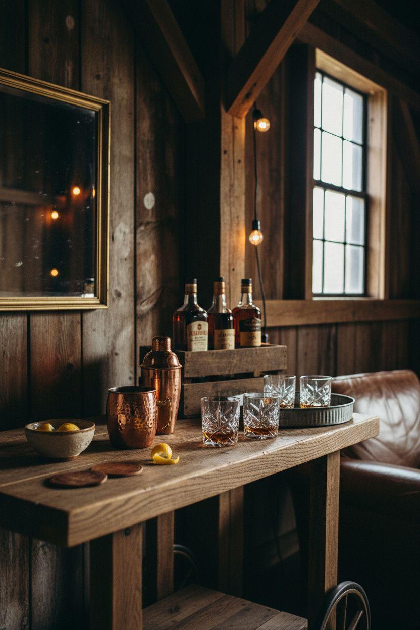 Party Barn Interior - man cave with vintage bar cart