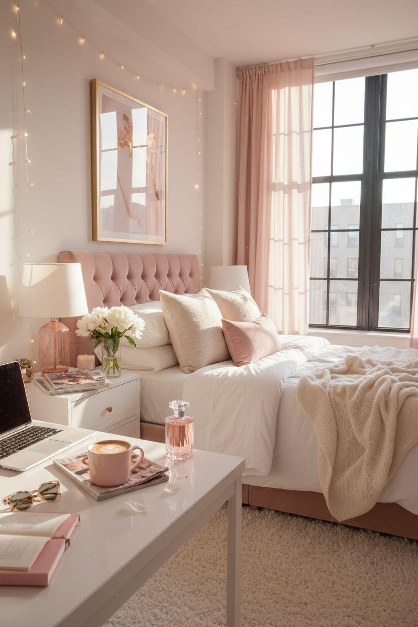 Pink dorm room with rose gold accents and velvet bedding