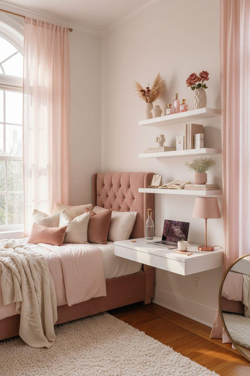 Pink dorm room with floating shelves and velvet headboard