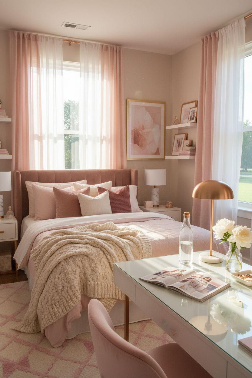 Pink dorm room with large abstract art and layered bedding