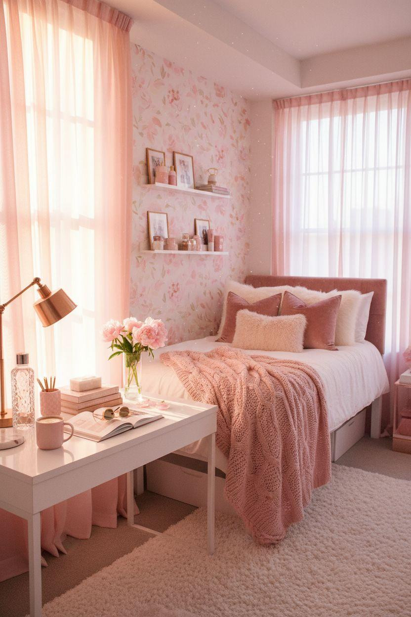Pink dorm room with hand-painted floral wallpaper and elevated bed