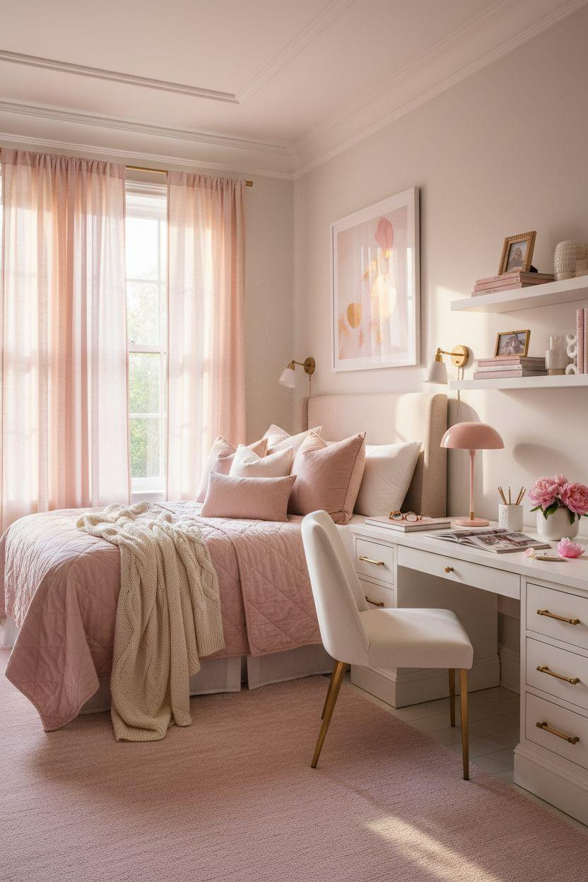 Pink preppy dorm room with quilted bedding and brass fixtures