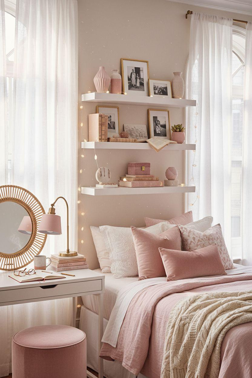 Pink dorm room with white oak shelves and soft lighting