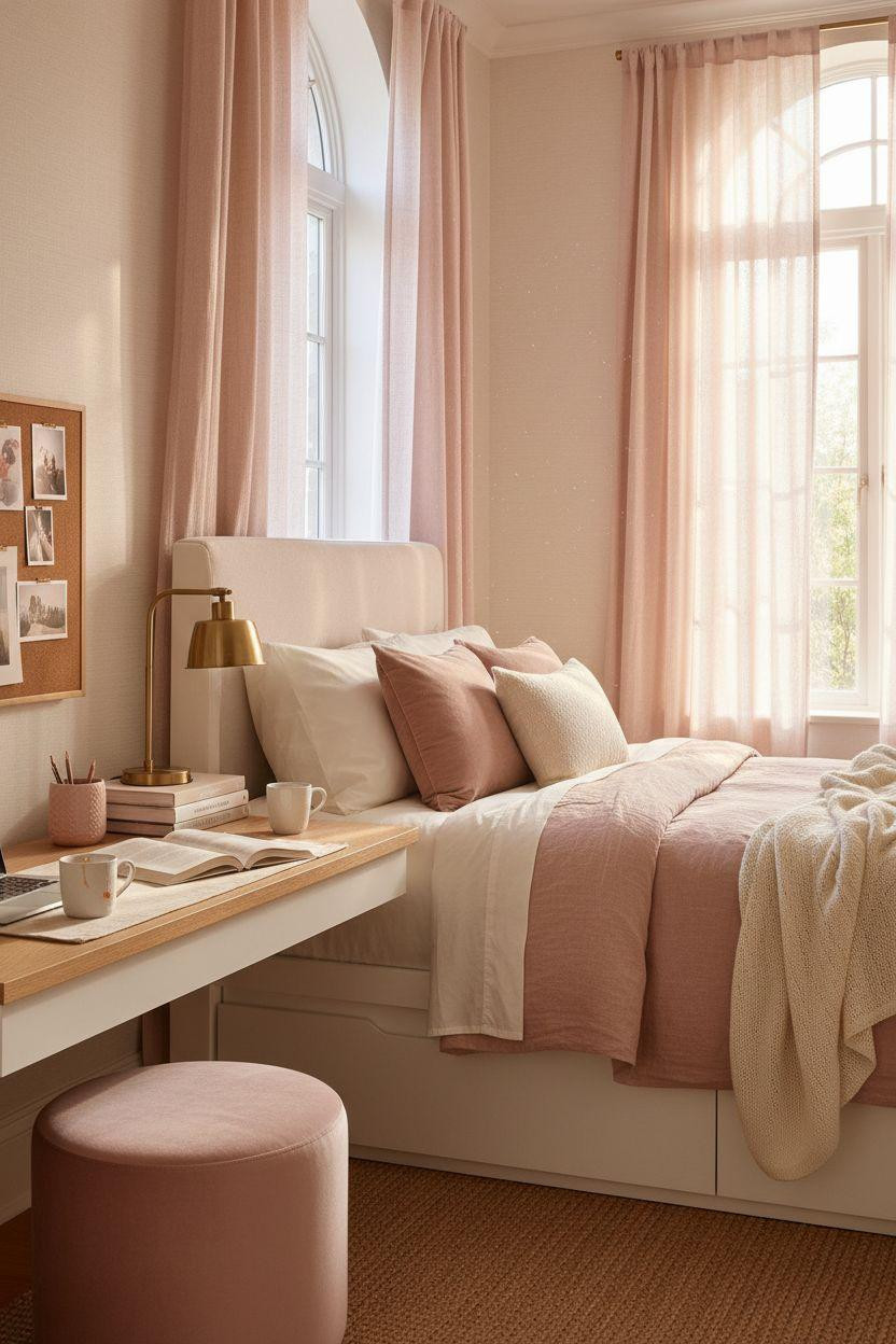 Pink dorm room with white oak platform bed and brass accents