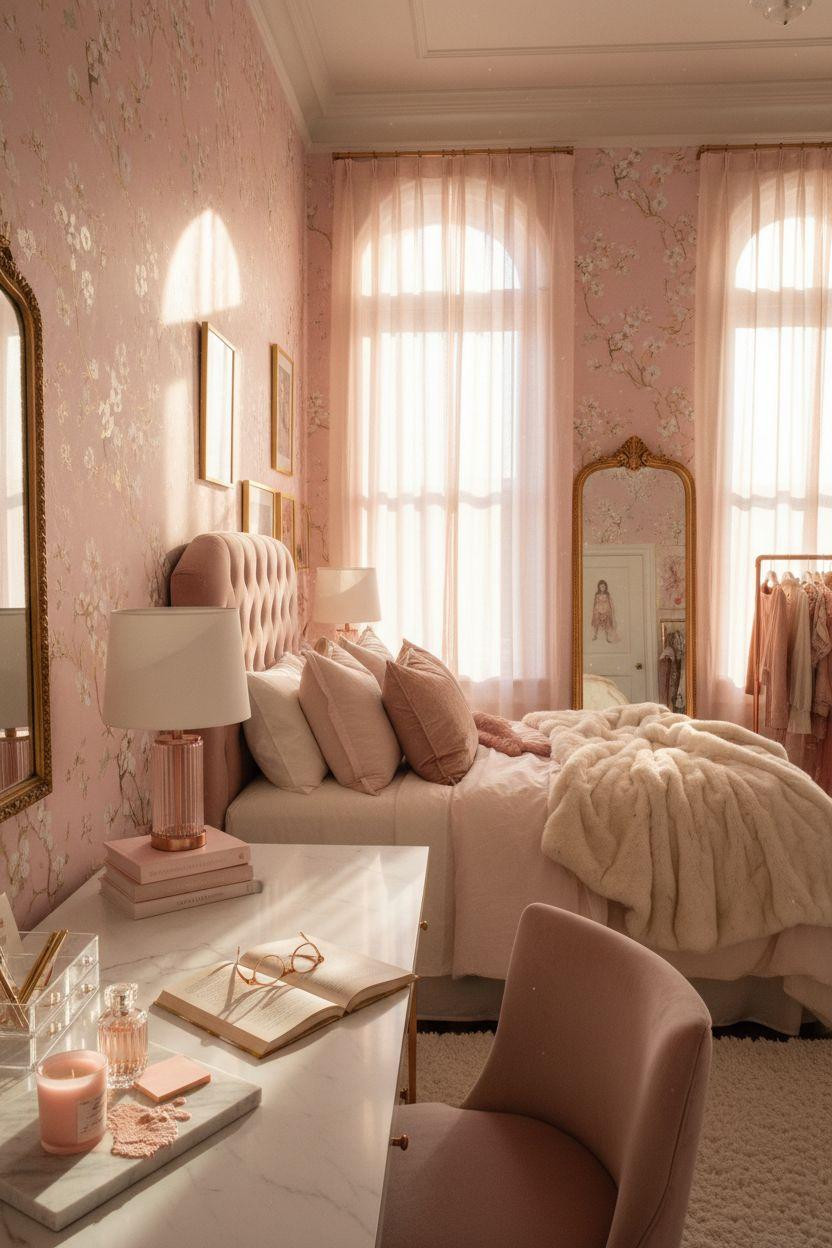 Pink dorm room with chinoiserie wallpaper and brass fixtures