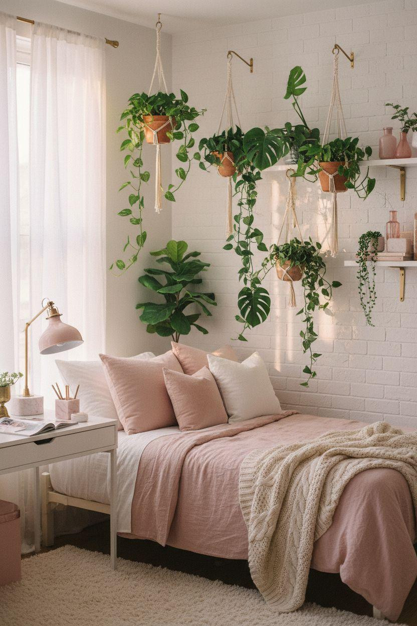 Pink dorm with botanical plant wall and white brick