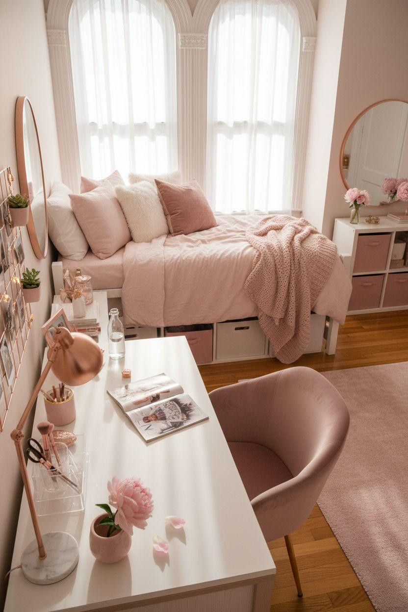 Pink college dorm room from elevated angle