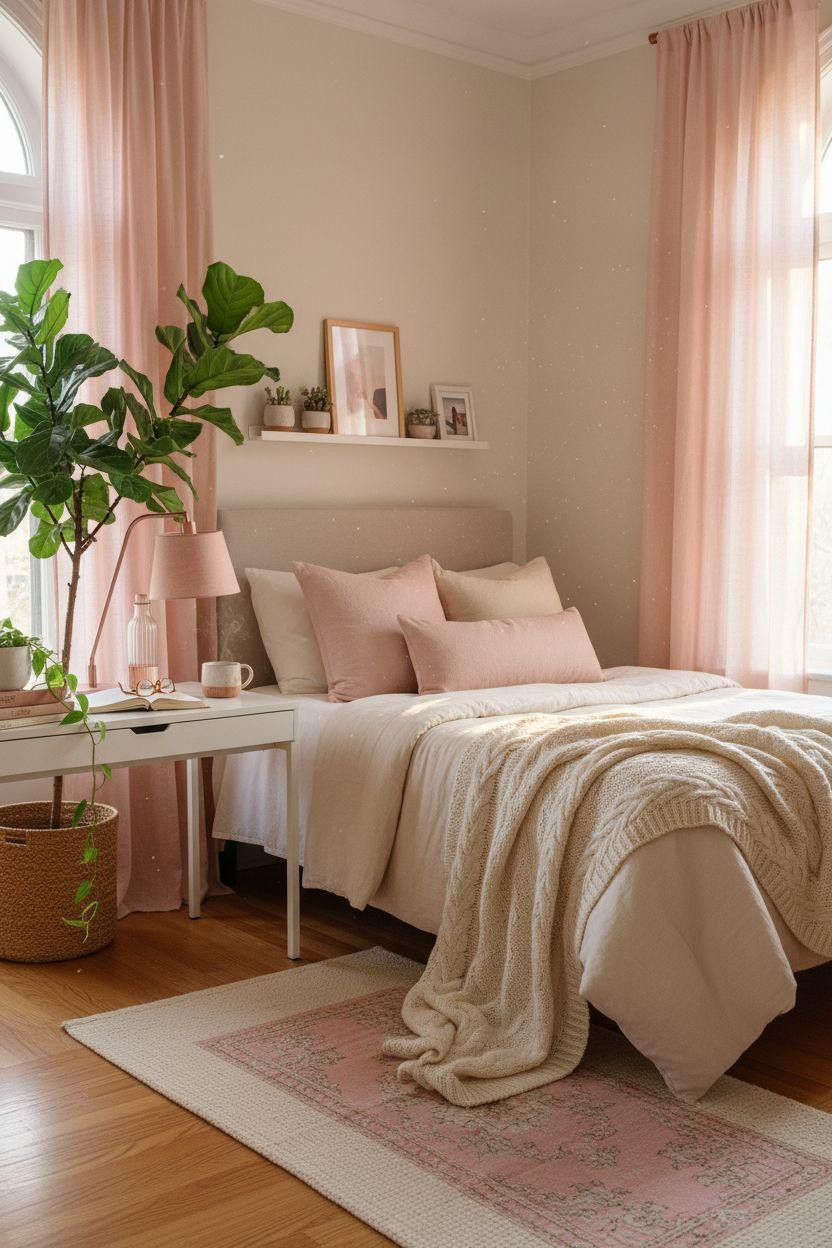 Pink dorm room with hanging plants and natural light
