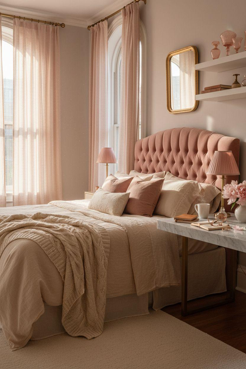 Pink dorm room with vintage brass and marble desk