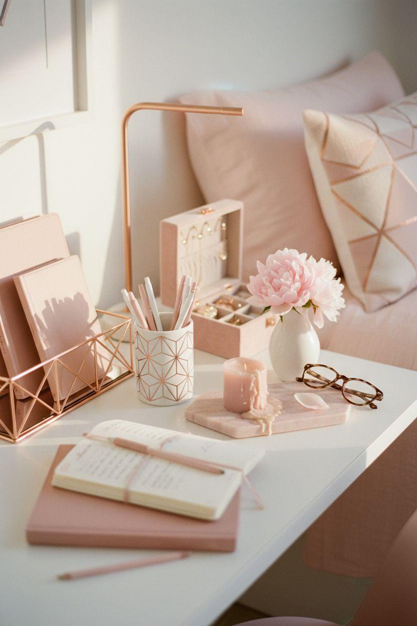 Pink dorm desk with geometric accents and rose gold organizer