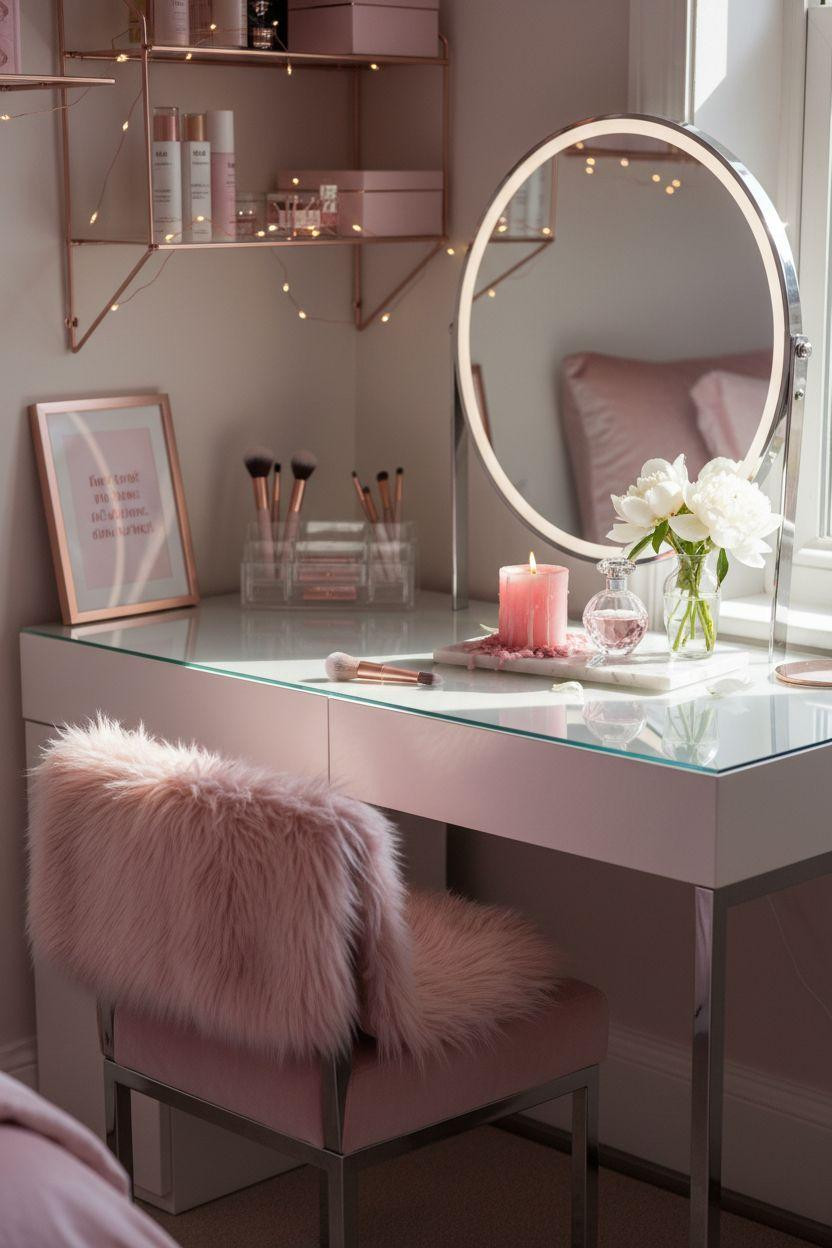 Pink velvet vanity stool with chrome mirror and acrylic organizer