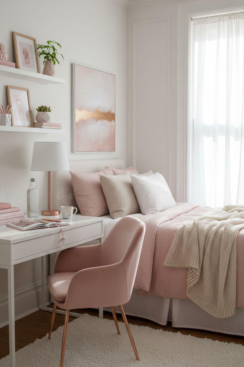 Pink girly dorm room with minimal styling and rose gold desk