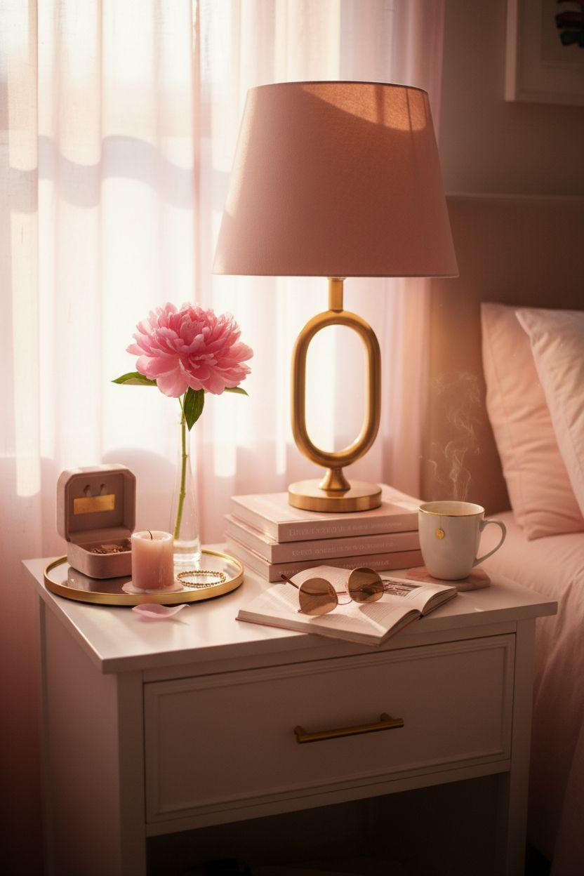 Pink dorm nightstand with brass lamp and stacked books