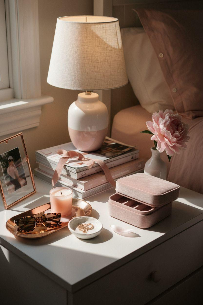 Pink dorm nightstand with metallic tray and ceramic lamp