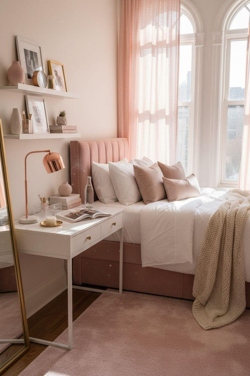 Pink dorm room with channel-tufted velvet headboard and white marble desk