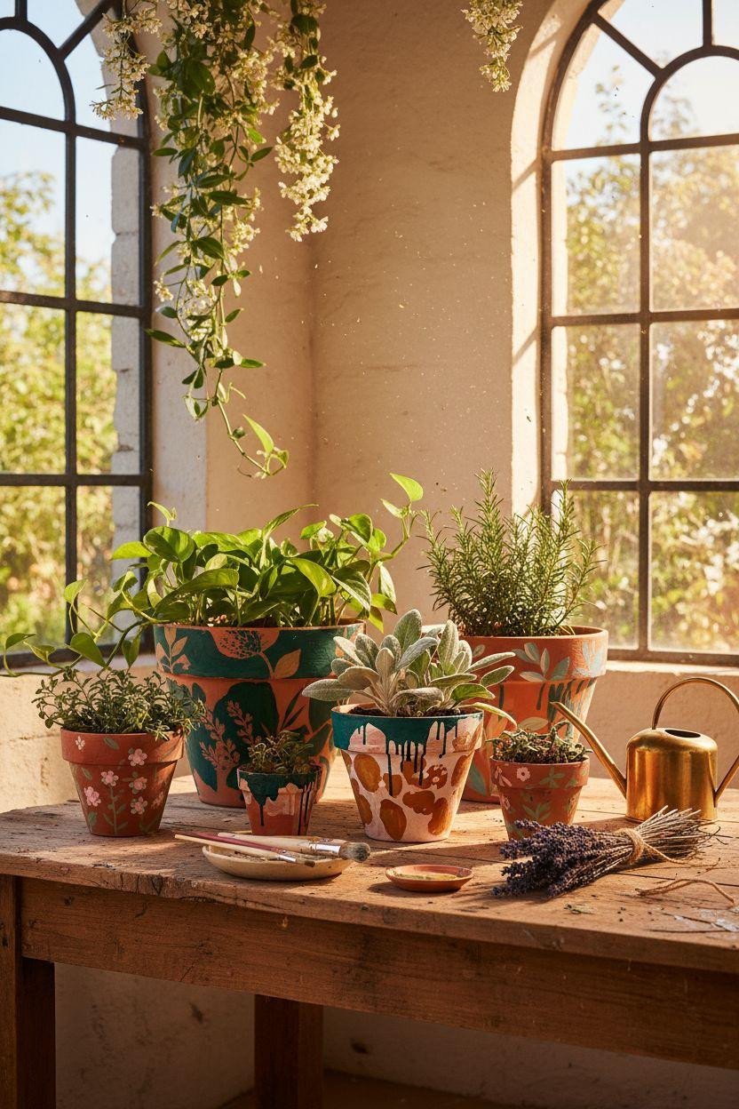 Plant Pot Painting Ideas - abstract painted pots with trailing plants