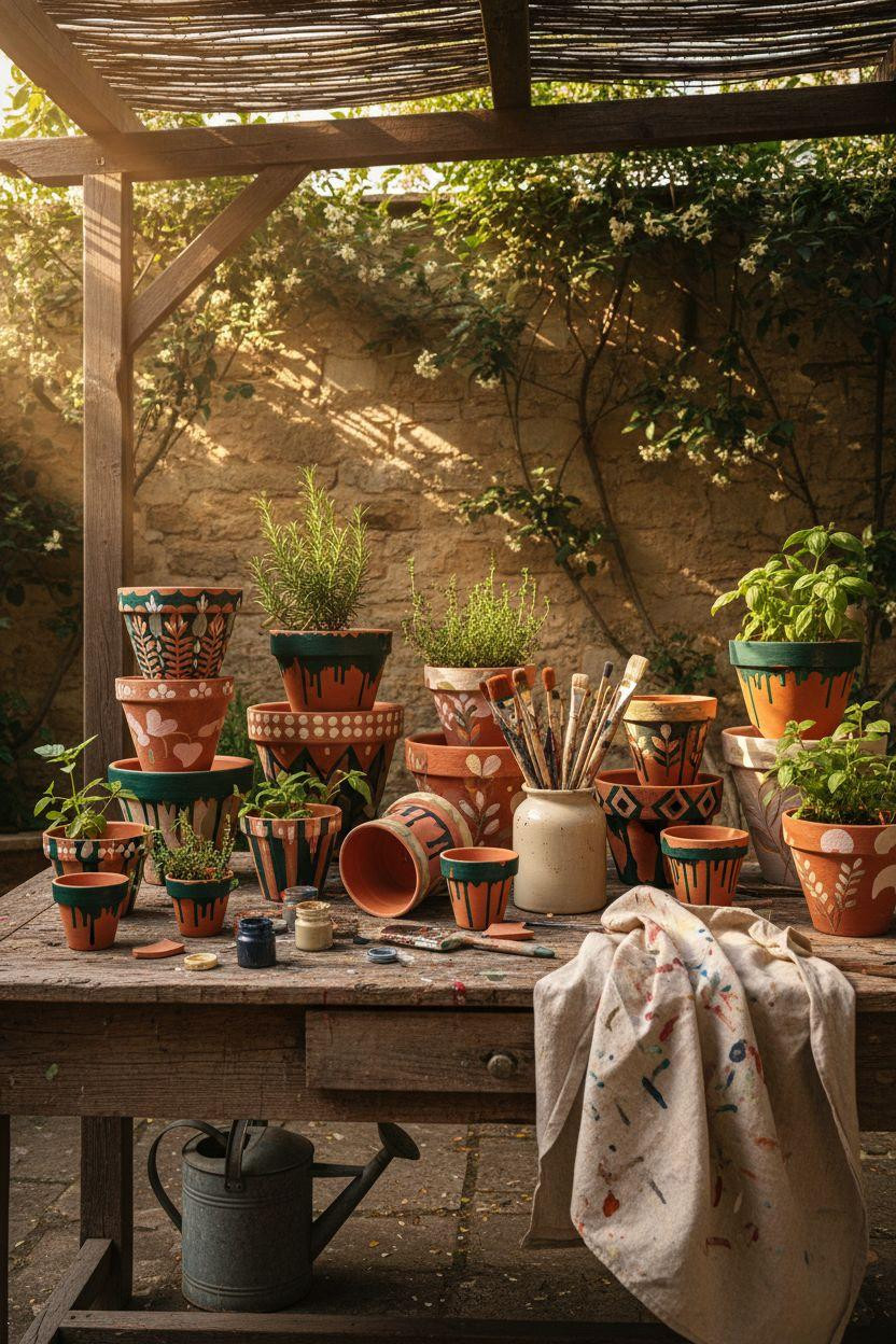 Plant Pot Painting Ideas - collection of painted pots on outdoor table